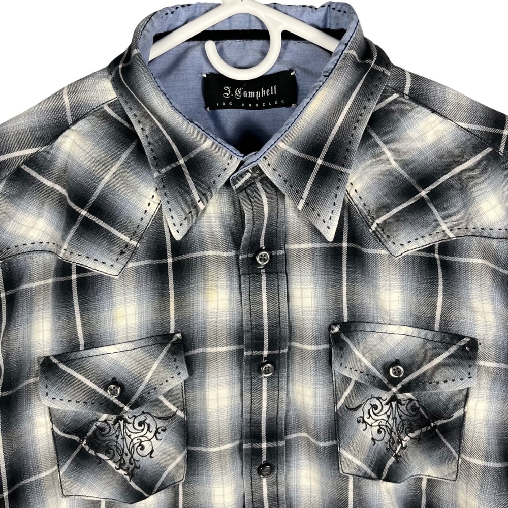 J. Campbell Button Up‎ Y2K Shirt Mens L Black Ombre Plaid Western Embroidered